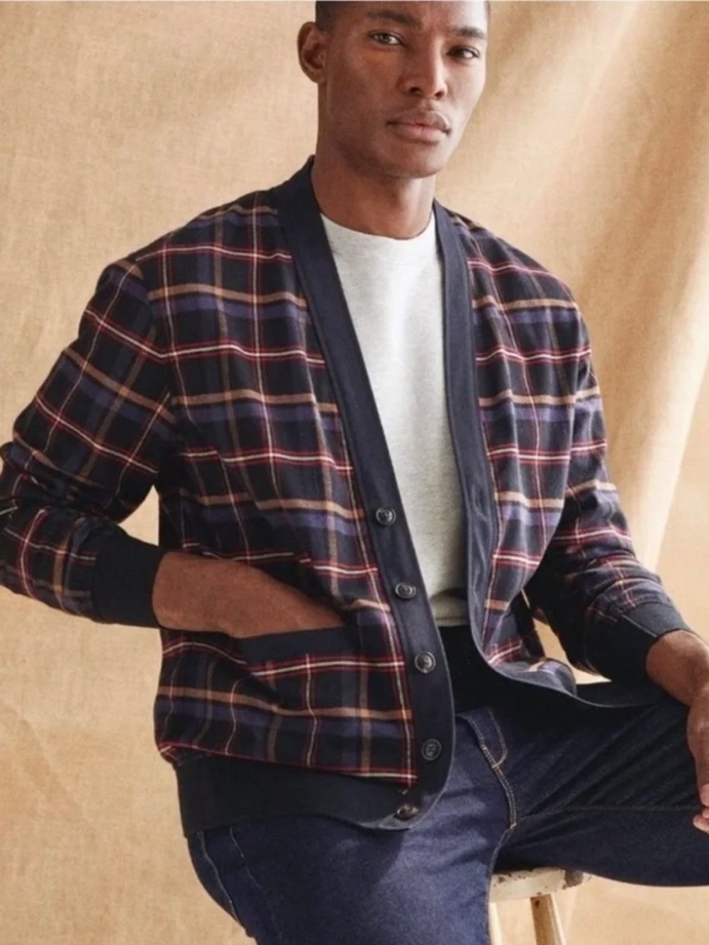 TODD SNYDER 100% Cotton  Plaid Button Up V-Neck Cardigan Jacket - XL
